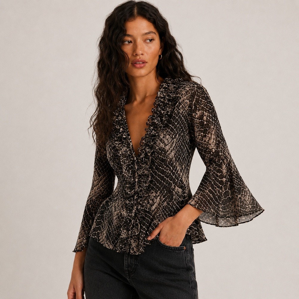 Boho Chic Snakeskin Ruffle Bell‎ Sleeve Blouse Womens 1X Black Animal Print Y2K